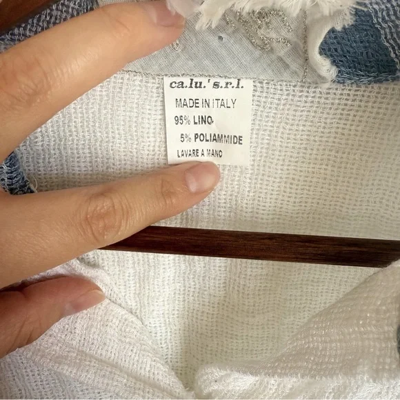 Marilu White Linen Button Up Sheer Blouse With Blue Accents - Picture 4 of 9